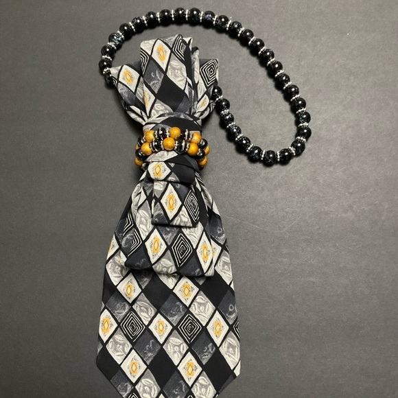 Hand Crafted Jewelry - Handcrafted Necktie Necklace with Beaded Black and Gold Accent and Necklace